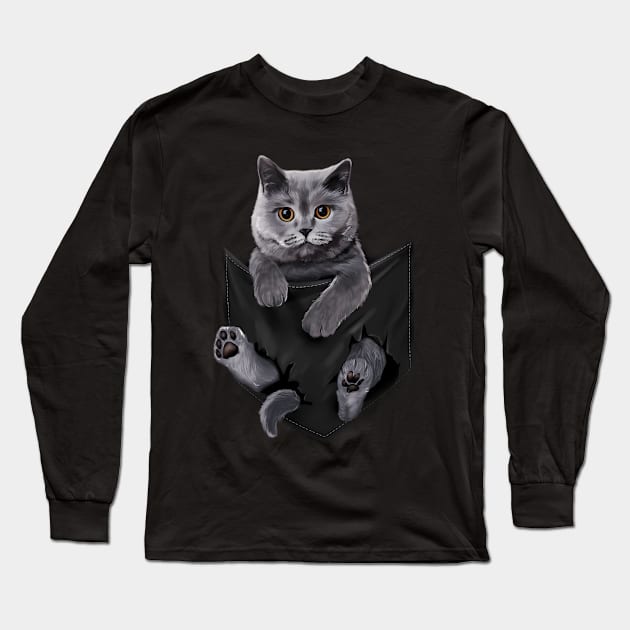 British Grey Cat In Pockets Cats Long Sleeve T-Shirt by SnugFarm